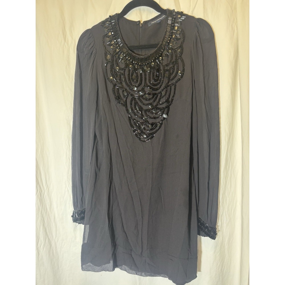 French Connection Beautiful Beaded Black Chiffon Dress Size 14 L34 - Picture 1 of 6